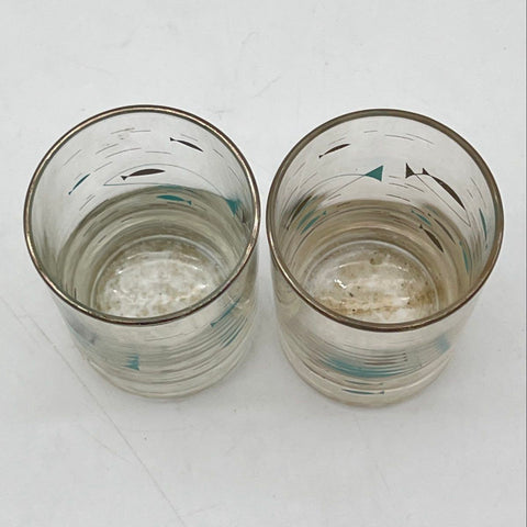 Mediterranean Fish Juice Glasses Set of 2 Teal Brown Silver Rim Vintage