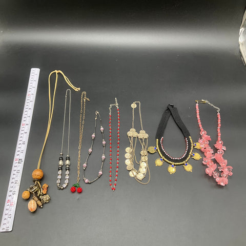 Vintage & Modern Jewelry Lot 8 Necklaces Tribal Boho Coin Beaded Cherry Charm