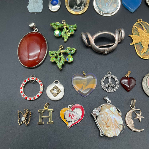 Vintage Costume Jewelry Lot 40+ Pendants Charms Rhinestone Heart KC Chiefs