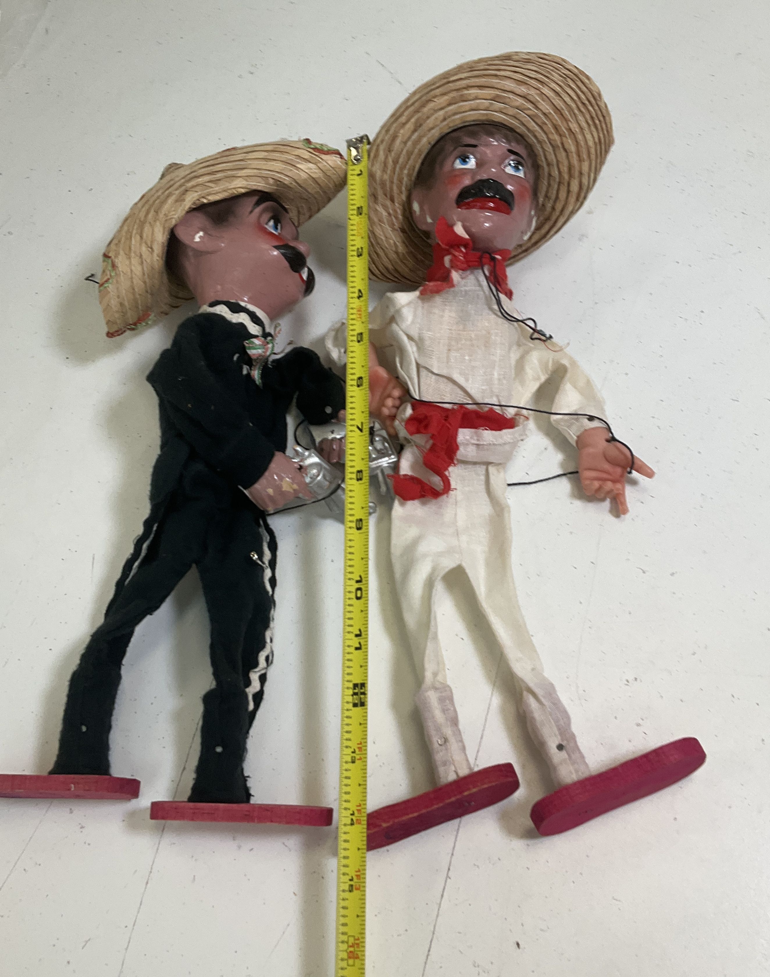 Vintage Mexican Folk Art Marionette Puppets Mariachi Gunslinger Lot of 2 13"