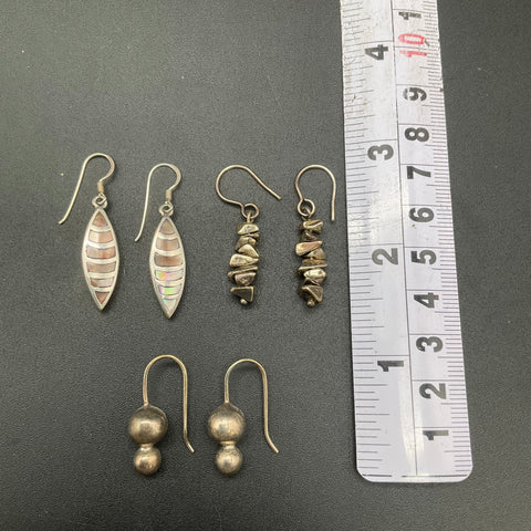 Sterling Silver 925 Boho Earring Lot 3 Pairs Mother of Pearl Pyrite Dangle 23.1g