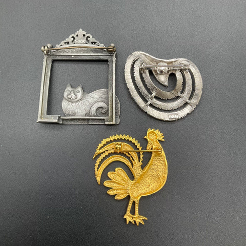 Vintage JJ Jonette Jewelry Lot 5 Brooches & Pair Earrings Noah's Ark Cat Rooster