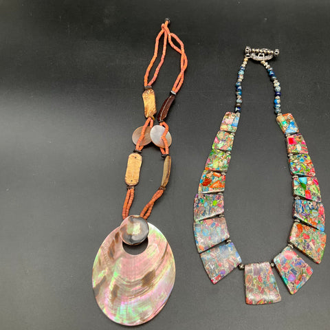 Boho Statement Necklaces Lot of 3 Jasper Stone Abalone Shell Mosaic Beads