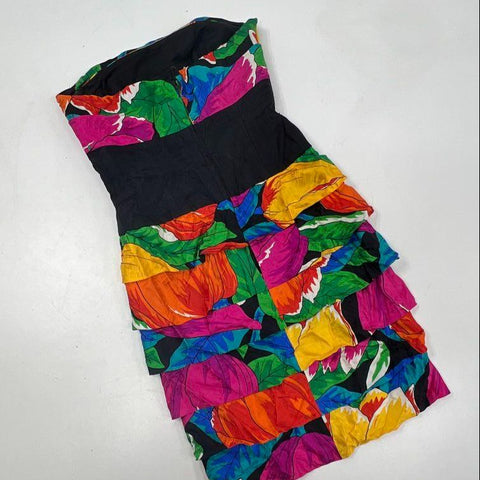 Vintage 80s A.J. Bari Women's Strapless Tiered Silk Ruffle Floral Dress Sz 10