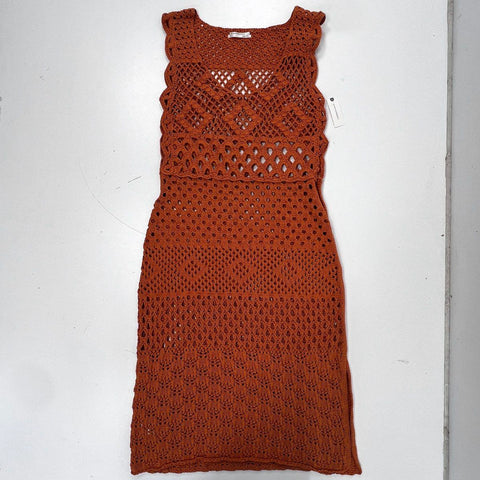 By Anthropologie Women's Rust Orange Crochet Open Knit Maxi Dress Sz L NWT