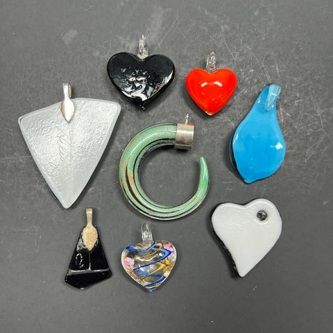 Lot of 7 Art Glass Pendants Abstract Shapes Multicolor Hearts
