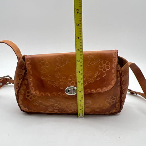Vintage 70s Hand Tooled Leather Floral Hummingbird Crossbody Shoulder Bag Tan