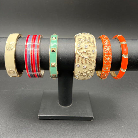 Lot of 6 Hinged Enamel Bangle Bracelets Stacking Modern Boho Rhinestone Studded