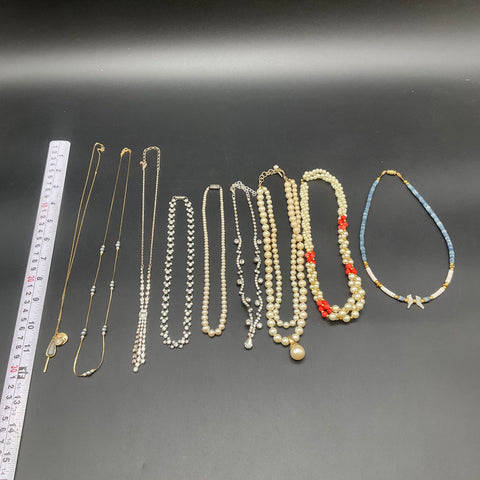 Vintage Costume Jewelry Lot 9 Necklaces Faux Pearl Rhinestone Gold Silver Tone