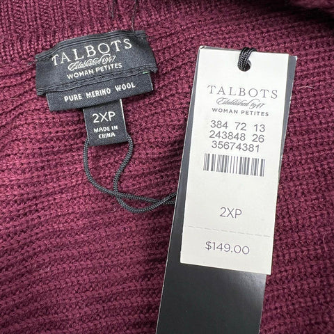 Talbots Women's Cardigan NWT Maroon Merino Wool Drape Open Front Petite Sz 2XP