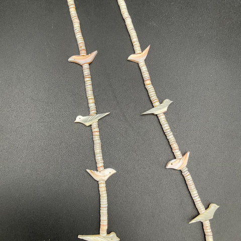 Vintage Southwestern Style Carved Shell Bird Fetish Heishi Bead Necklace 26"