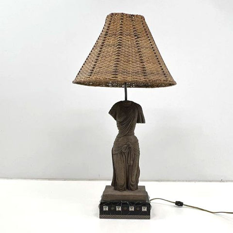 Vintage Female Torso Figural Table Lamp Wicker Shade Eclectic Decor 30 Inch
