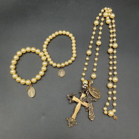 Victorian Style Faux Pearl Religious Cross Necklace & Two Stretch Bracelets Lot