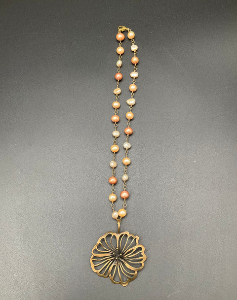 Extasia Bronze Tone Freshwater Pearl Large Flower Pendant Necklace 18" Signed