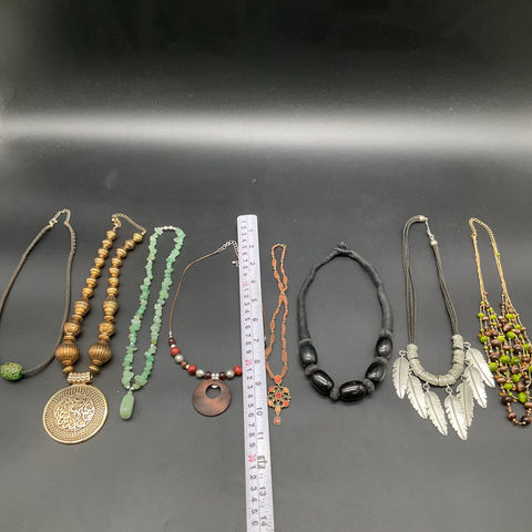 Mixed Costume Jewelry Lot 8 Necklaces Boho Ethnic Tribal Beaded Wood Feather