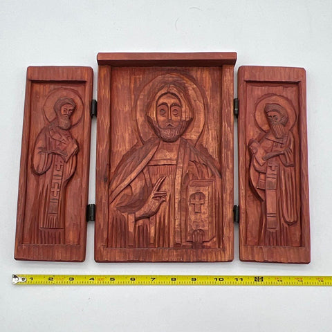 Vintage Carved Wood Jesus Triptych Shrine Religious Altar Icon Folding Doors