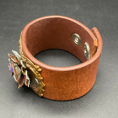 Leather Cuff Bracelet with Enameled Metal Flower Filigree Accent Western Boho