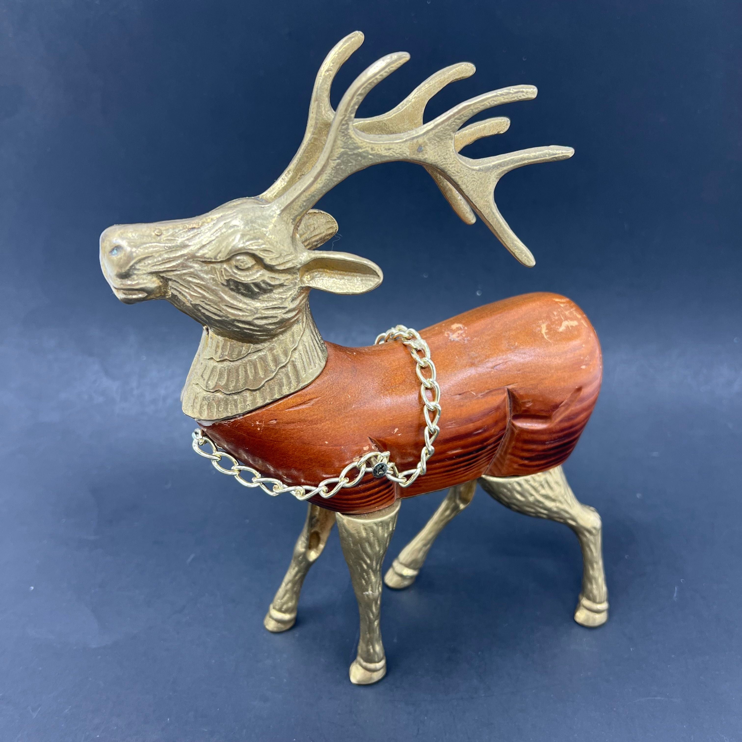Vintage Reindeer Wood Metal Gold Brown Holiday Home Decor Rustic Figurine 9In