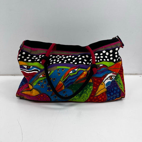 Vintage 90s Laurel Burch Multi-Color Canvas Bird Pattern Large Tote Handbag