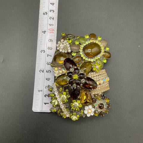 Upcycled Jewelry Belt Buckle Women's Green Amber Brown Rhinestone Floral Boho