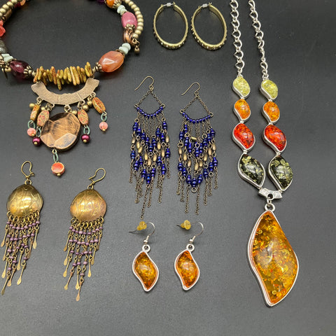 Boho Ethnic Costume Jewelry Lot 16pc Mixed Necklaces Earrings Bracelets Beads