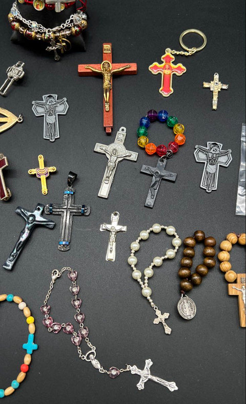 Religious Jewelry Lot Catholic Christian Crosses Rosaries Charm Bracelets Pins
