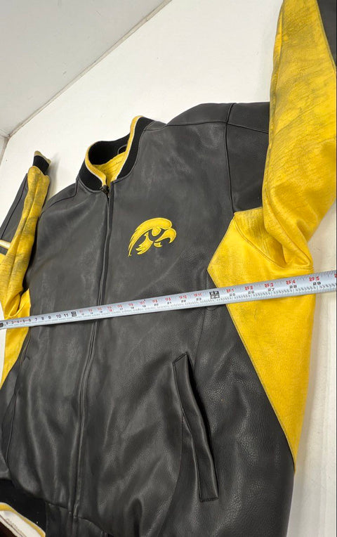 G-III Men's Iowa Hawkeyes Leather Varsity Bomber Jacket Black Yellow Sz 2XL
