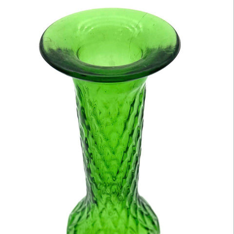 Vintage Green Glass Vase Set 3 Piece Lot Textured Ribbed Diamond Bud Vases
