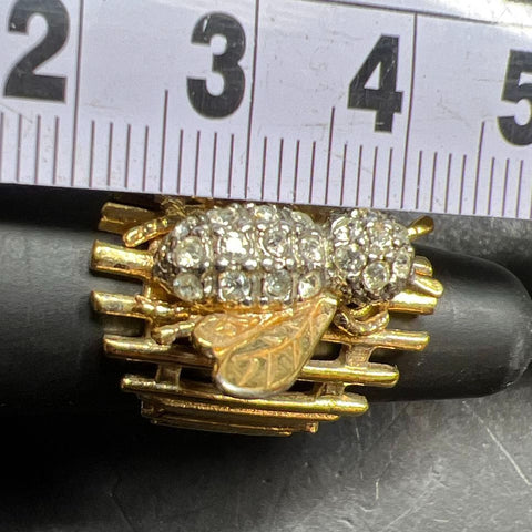 Vintage Jonette FG Gold Plate Rhinestone Bee Statement Ring Cage Band Sz 6.5