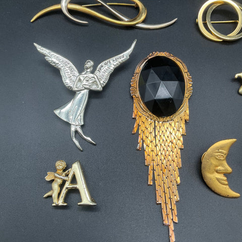 Vintage Costume Jewelry Brooch Lot of 11 Angels Celestial Cat Comet Bows