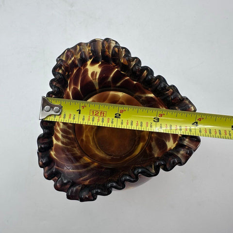 Art Glass Vase Amber Tortoiseshell Mottled Brown Ruffled Rim Vintage 9 Inch