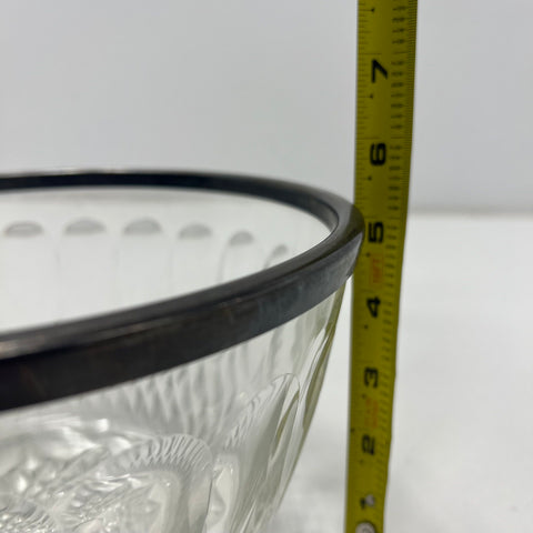 Vintage Mid-Century Cut Glass Salad Bowl Silver Plate Rim Starburst 8.5"