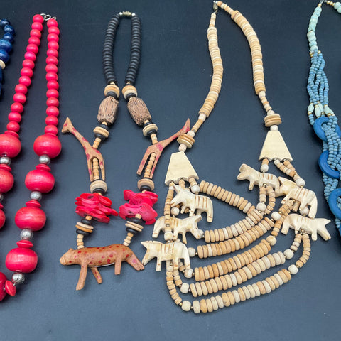 Vintage Boho Wooden Jewelry Lot 5 Necklaces Carved Elephant Cow Beads