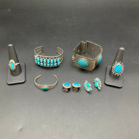 Vintage Silver Tone Faux Turquoise Southwestern Jewelry Lot of 7 Pieces