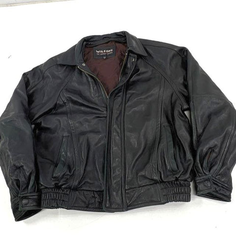 Vintage Y2K Wilsons Men's Black Pebbled Leather Bomber Flight Jacket Size L
