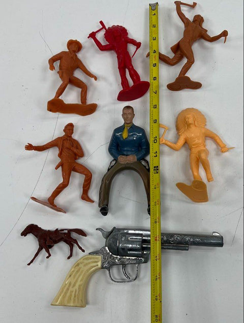 Vintage 60s-80s Marx Tim-Mee Toy Lot Cowboy Indian Figures Pony Boy Cap Gun
