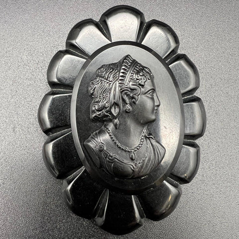 Large Vintage Black Celluloid Cameo Brooch High Relief Victorian Style Pin