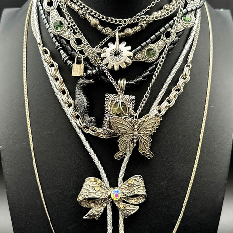 Silver Tone Mixed Costume Jewelry Lot Barbie Pendant Bolo Tie Butterfly 20+ Pcs