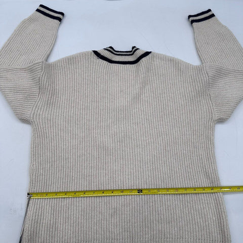 On 34th Women's Sweater Cream Navy Ribbed V-Neck Varsity Stripe Pointelle Sz M