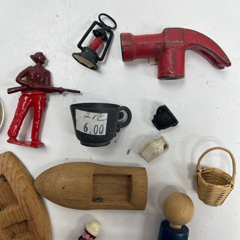 Vintage 23pc Miniature Lot Carved Birds Cast Iron Wheel Lead Soldier Dollhouse