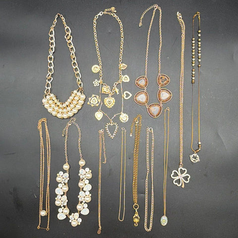 12pc Fashion Jewelry Necklace Lot Gold Tone Faux Pearl Rhinestone Costume 0.5lb