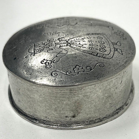 Rein Zinn Pewter Trinket Box German Folk Art Boy Girl Etched Scene Vintage