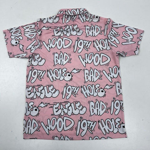 Bad Birdie Men's Pink Bad Wood Graffiti Print Performance Golf Polo Shirt Sz M