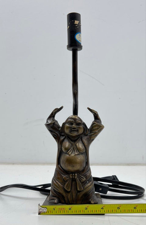 Vintage Laughing Buddha Table Lamp Bronze Tone Cast Metal Figural Hotei Asian