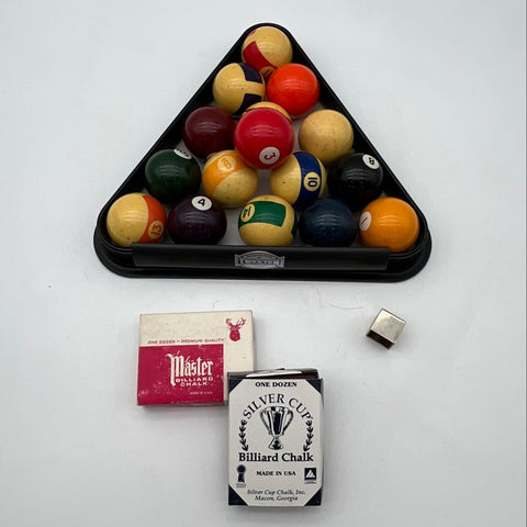 Vintage Billiard Ball Set 16 Balls With Tweeten Rack Master & Silver Cup Chalk