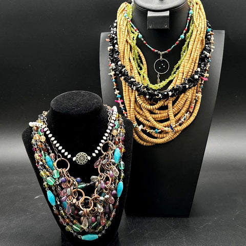 Boho Multi-Strand Beaded Necklace Lot Wood Stone Dreamcatcher Mandala 2 Pieces