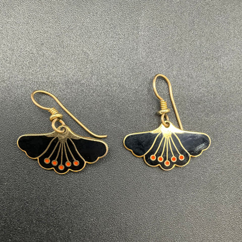 Laurel Burch Black Enamel Desert Flower Dangle Earrings Vintage Gold Tone
