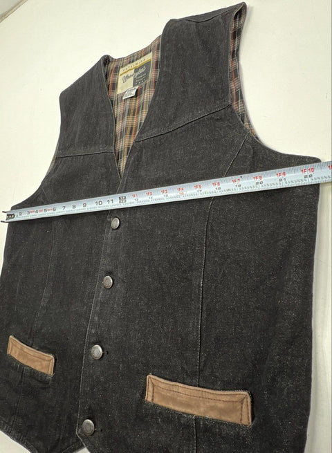 Vintage 90s Wrangler Plaid Lined Black Denim Cinch Back Vest Sz L