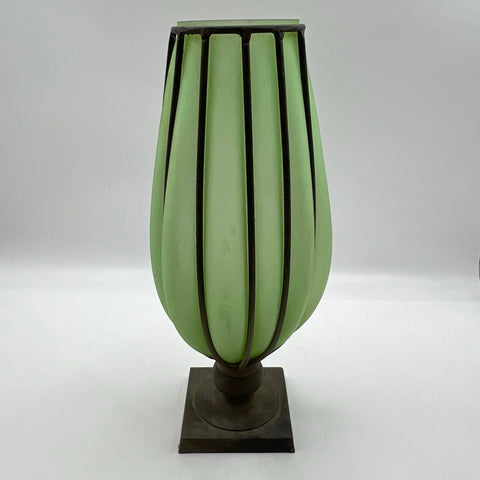 Vintage Green Satin Glass Caged Metal Frame Pedestal Vase 18 Inch Large