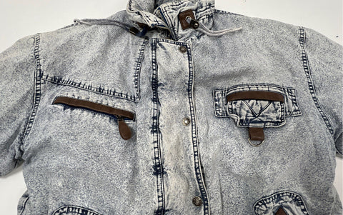 Vintage 90s East West Acid Wash Denim Parka Jacket Hooded Patterned Lining Sz L